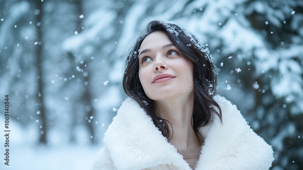 smiling pretty woman standing at outdoor snowfall woodland wearing white fur coat smiling pretty woman standing at outdoor snowfall woodland wearing white fur coat