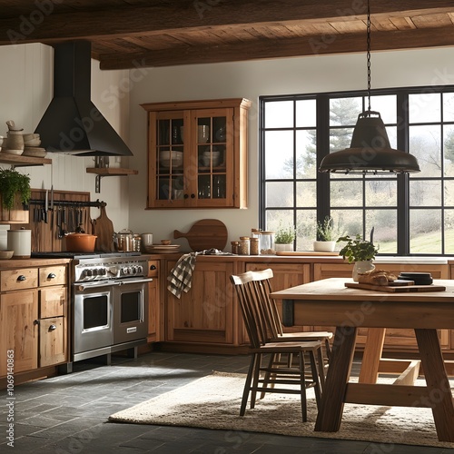 A rustic kitchen showcasing wooden cabinets, durable stone countertops, and a spacious farmhouse table, creating a warm and inviting environment with a classic country feel. photo