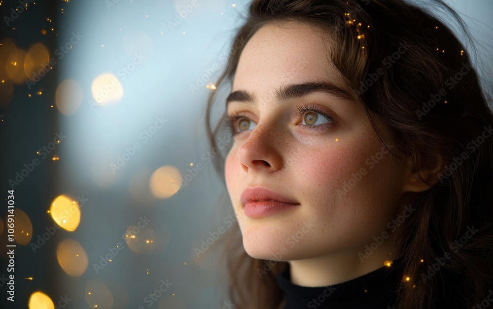 thoughtful young woman with sparkling lights in the background thoughtful young woman with sparkling lights in the background