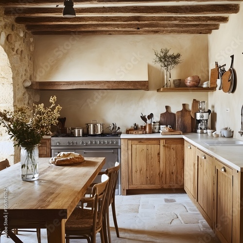 A rustic kitchen showcasing wooden cabinets, durable stone countertops, and a spacious farmhouse table, creating a warm and inviting environment with a classic country feel. photo