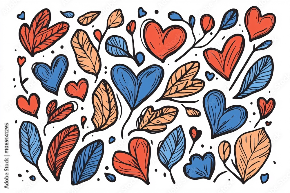 Colorful heart patterns with leaves create a vibrant design suitable for celebrations or festive occasions Colorful heart patterns with leaves create a vibrant design suitable for celebrations or festive occasions
