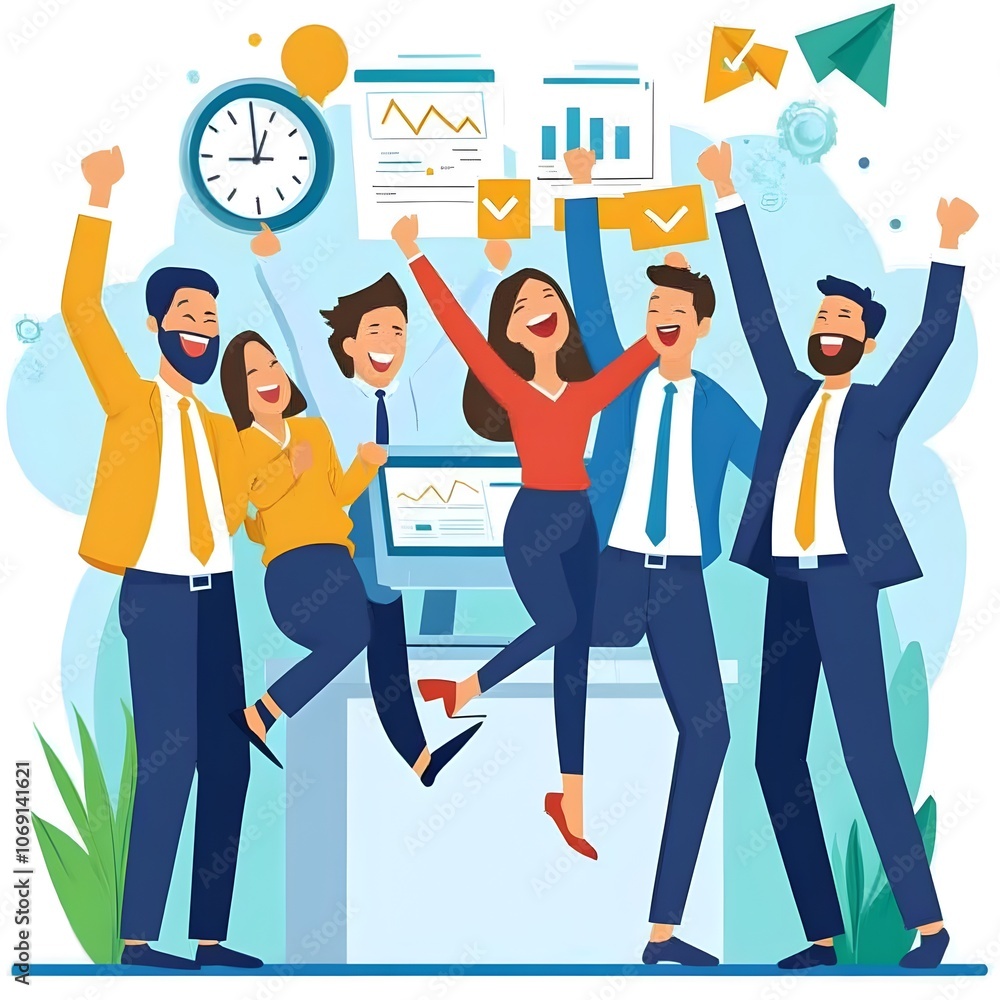 A sales team celebrating with KPI metrics such as sales revenue and conversion rates prominently displayed in the background