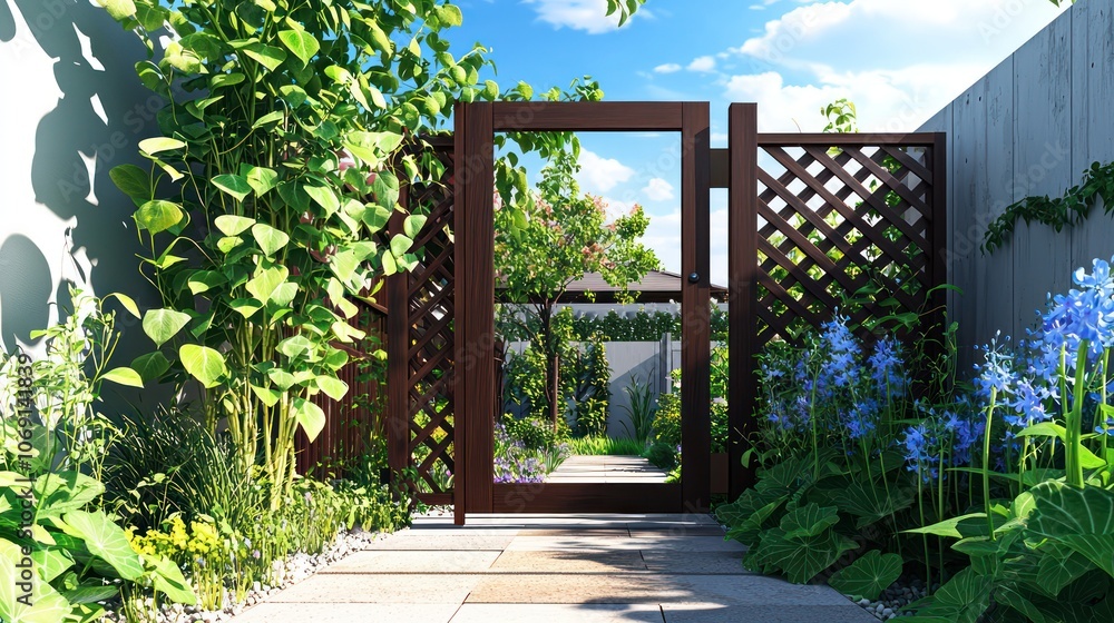 Naklejka premium Sunny modern garden setting with a walnut trellis and climbing hyacinth.
