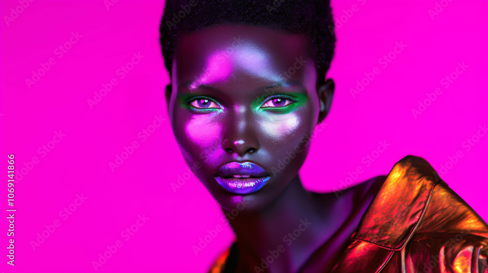 A woman with green eyes and purple lips is wearing a gold jacket. She is standing in front of a pink background A woman with green eyes and purple lips is wearing a gold jacket. She is standing in front of a pink background