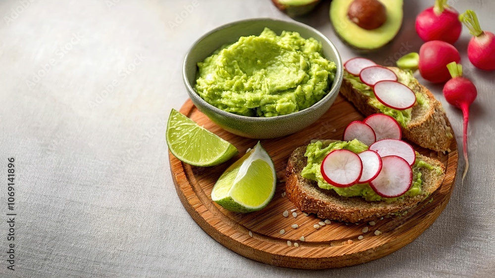 Freshly made guacamole, quarters of lime, homemade bread slices, and red radishes on the table. Homemade, healthy vegan meal. Copy space. Freshly made guacamole, quarters of lime, homemade bread slices, and red radishes on the table. Homemade, healthy vegan meal. Copy space.