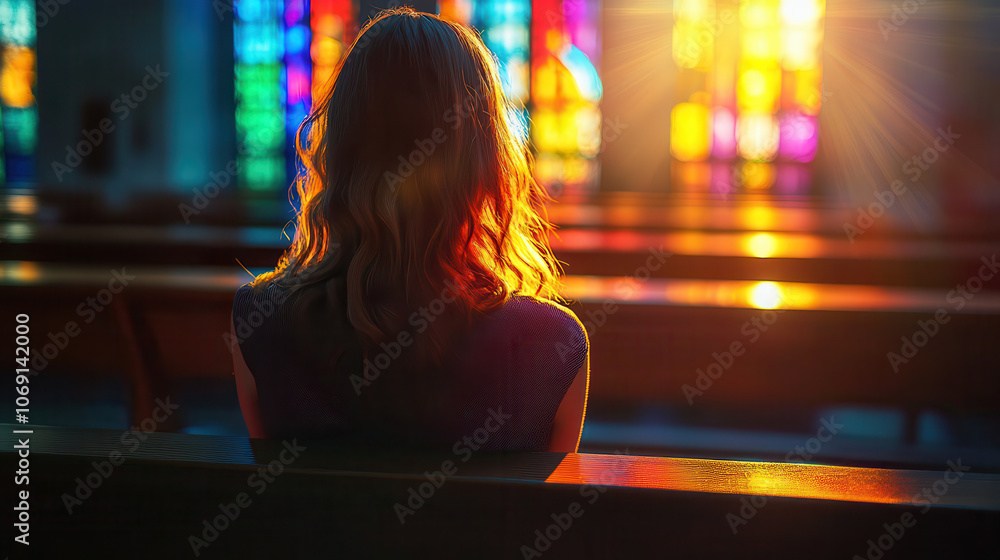 person sitting alone in church, illuminated by colorful stained glass
