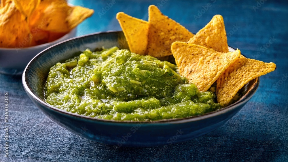 Green tomatillo salsa (salsa verde cruda) in bowl with corn tortilla chips nachos. Green tomatillo salsa (salsa verde cruda) in bowl with corn tortilla chips nachos.