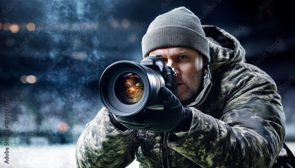Obraz premium Focused Sports Photographer Captures the Action at a Winter Stadium, Photography Journalism