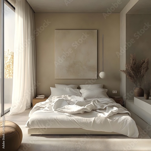 A serene bedroom characterized by neutral colors, soft bedding, and minimalist decor photo