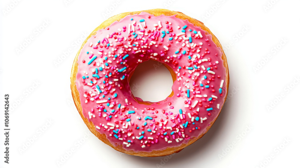 A colorful donut with pink icing and sprinkles, perfect for a sweet treat. A colorful donut with pink icing and sprinkles, perfect for a sweet treat.