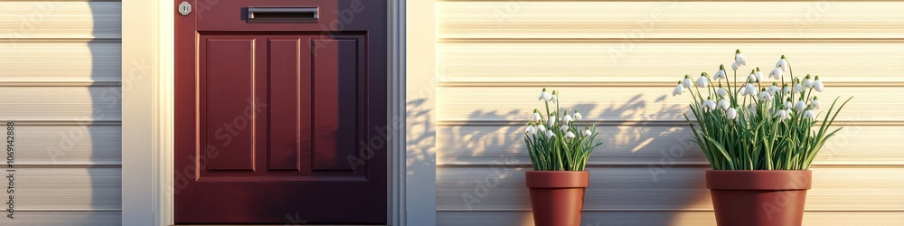 Stylish home facade with a burgundy door and decorative potted plants. Stylish home facade with a burgundy door and decorative potted plants.