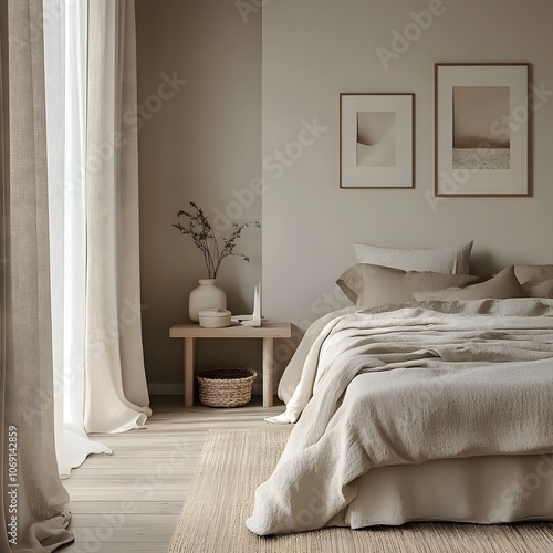 A serene bedroom with neutral colors, soft bedding, and minimalist decor, creating a calming and tranquil retreat. photo