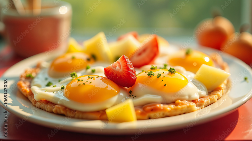 A Colorful and Appetizing Breakfast of Vibrant Eggs and Fresh Fruit Complemented by a Red Sign and Flying Kites A Colorful and Appetizing Breakfast of Vibrant Eggs and Fresh Fruit Complemented by a Red Sign and Flying Kites