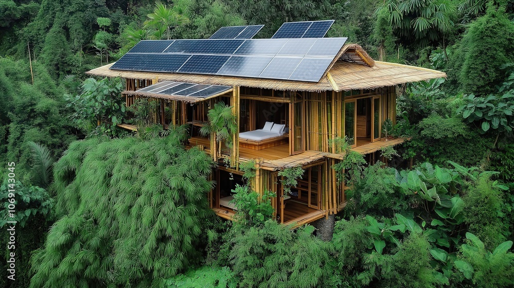 Eco-friendly Bamboo House Nestled in Lush Greenery With Solar Panels for Sustainable Living Eco-friendly Bamboo House Nestled in Lush Greenery With Solar Panels for Sustainable Living