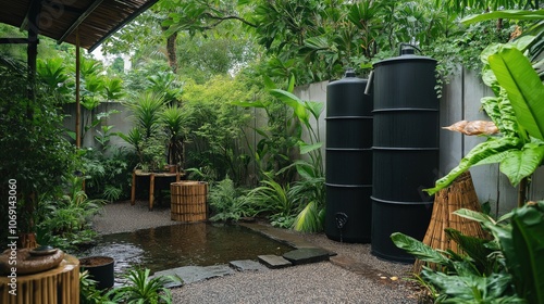 Rainwater Collection System in a Serene Backyard Garden Surrounded by Greenery