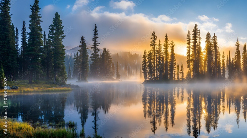 A serene lake encircled by towering pine trees, with a gentle mist rising from the water and early morning sunlight filtering through the branches A serene lake encircled by towering pine trees, with a gentle mist rising from the water and early morning sunlight filtering through the branches