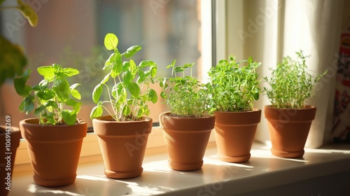 Indoor Herbs Thriving in Clay Pots on a Sunny Windowsill, Creating a Cozy Atmosphere