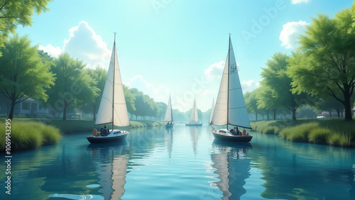 A Scenic View of Sailboats Gracefully Gliding Through a Picturesque Waterway Surrounded by Lush Greenery