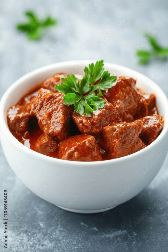 Delicious beef stew in a white bowl, garnished with fresh parsley Delicious beef stew in a white bowl, garnished with fresh parsley