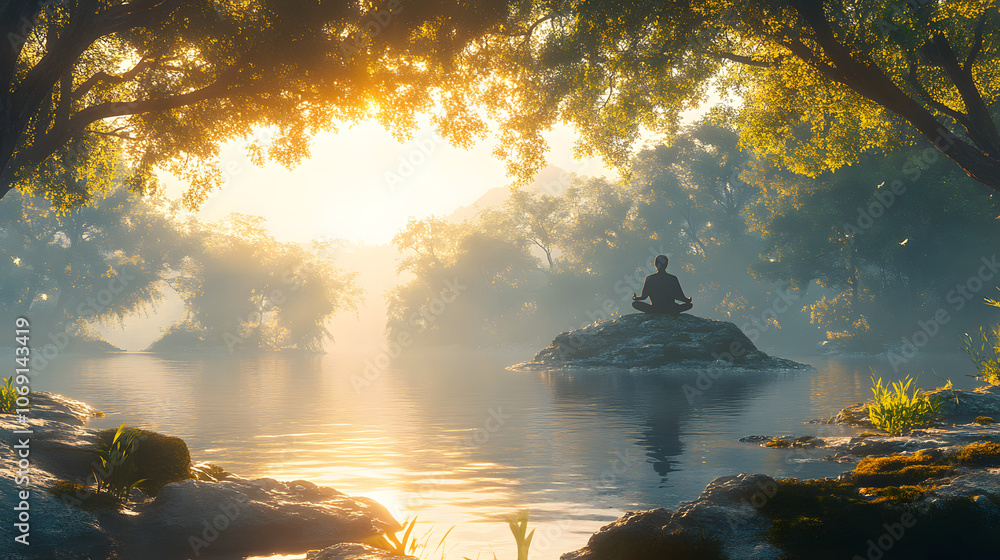 The Essence of Peace: Meditating Next to a Serene River Under Morning Light The Essence of Peace: Meditating Next to a Serene River Under Morning Light