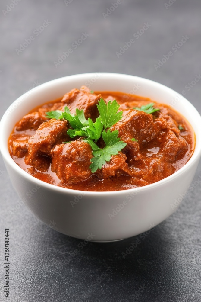 Delicious homemade beef stew in a white bowl, garnished with fresh parsley Delicious homemade beef stew in a white bowl, garnished with fresh parsley