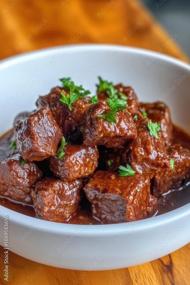 Delicious braised beef stew with fresh herbs in a white bowl Delicious braised beef stew with fresh herbs in a white bowl
