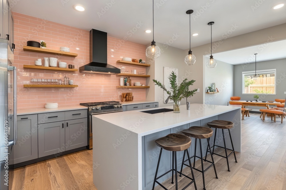 Modern Kitchen with Island, Pendant Lights, and Wooden Shelves Modern Kitchen with Island, Pendant Lights, and Wooden Shelves