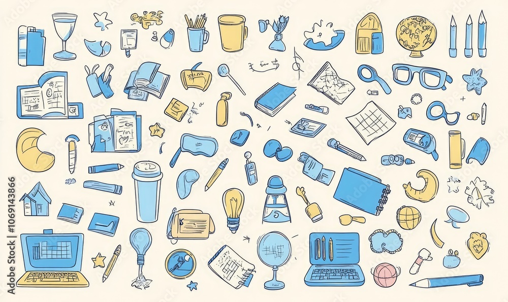 School and Science Icons in Hand-Drawn Doodle Art, Featuring Laptop, Notebook, Backpack, and Award School and Science Icons in Hand-Drawn Doodle Art, Featuring Laptop, Notebook, Backpack, and Award