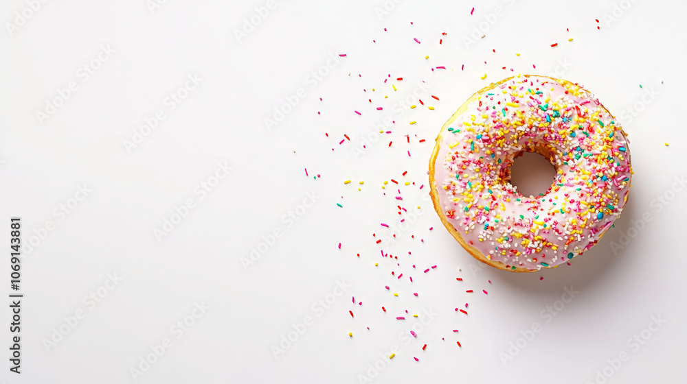 A colorful donut with sprinkles on a light background, showcasing a sweet treat. A colorful donut with sprinkles on a light background, showcasing a sweet treat.