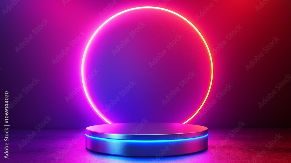 Vibrant Circular Neon Light Display with Gradient Colors on Dark Background, Symbolizing Modern Art and Retro-Futuristic Style, Gemerative AI Vibrant Circular Neon Light Display with Gradient Colors on Dark Background, Symbolizing Modern Art and Retro-Futuristic Style, Gemerative AI