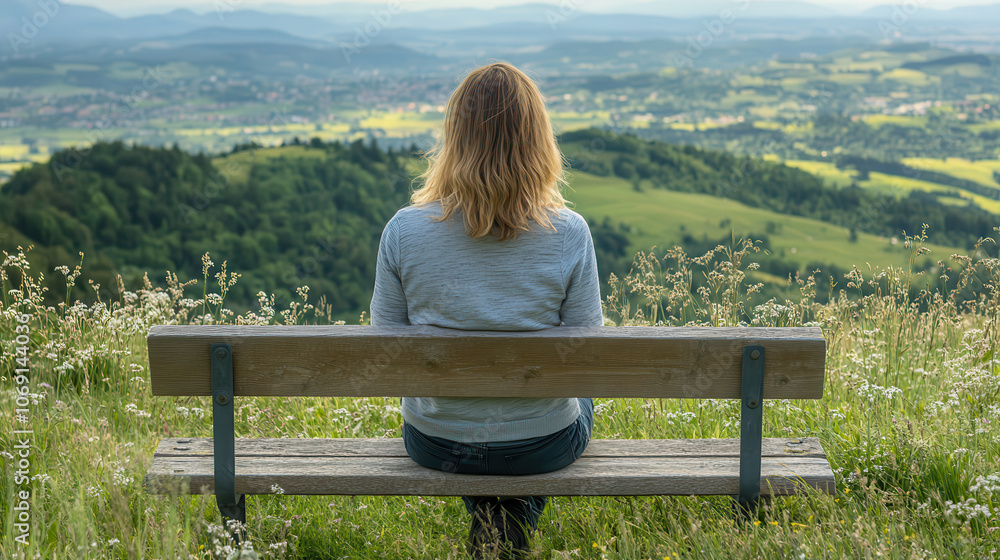 woman with shoulder length hair sits alone on bench, enjoying scenic view woman with shoulder length hair sits alone on bench, enjoying scenic view