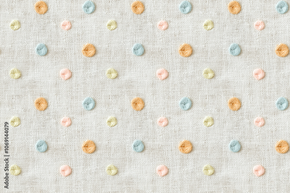 Polka dots seamless pattern. Textured embroidery on white linen with embroidered polka dots in soft pastel colors. Handmade style, cottagecore style. Polka dots seamless pattern. Textured embroidery on white linen with embroidered polka dots in soft pastel colors. Handmade style, cottagecore style.