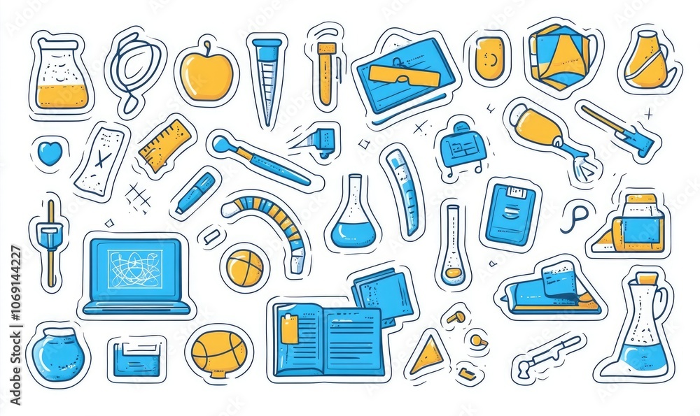School and Science Icons in Hand-Drawn Doodle Art, Featuring Laptop, Notebook, Backpack, and Award School and Science Icons in Hand-Drawn Doodle Art, Featuring Laptop, Notebook, Backpack, and Award