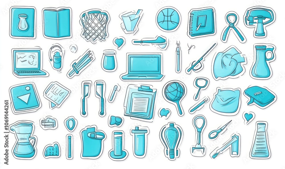 School and Science Icons in Hand-Drawn Doodle Art, Featuring Laptop, Notebook, Backpack, and Award School and Science Icons in Hand-Drawn Doodle Art, Featuring Laptop, Notebook, Backpack, and Award