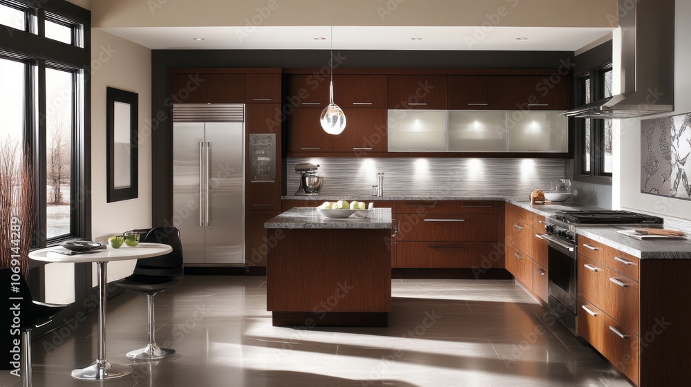 Modern Kitchen with Stainless Steel Appliances and Wooden Cabinets Modern Kitchen with Stainless Steel Appliances and Wooden Cabinets