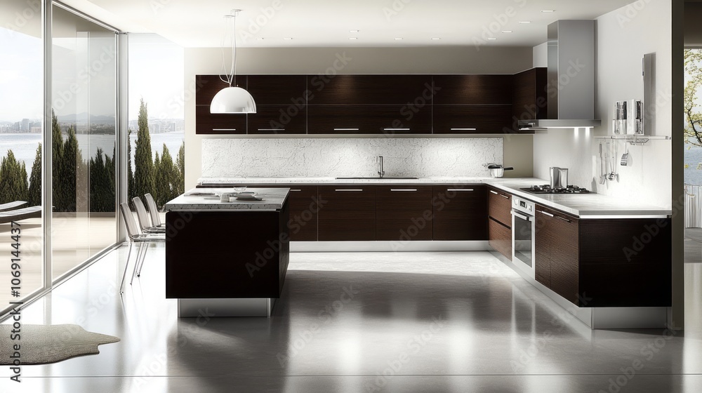 Modern Kitchen with Dark Cabinets and Stainless Steel Appliances Modern Kitchen with Dark Cabinets and Stainless Steel Appliances