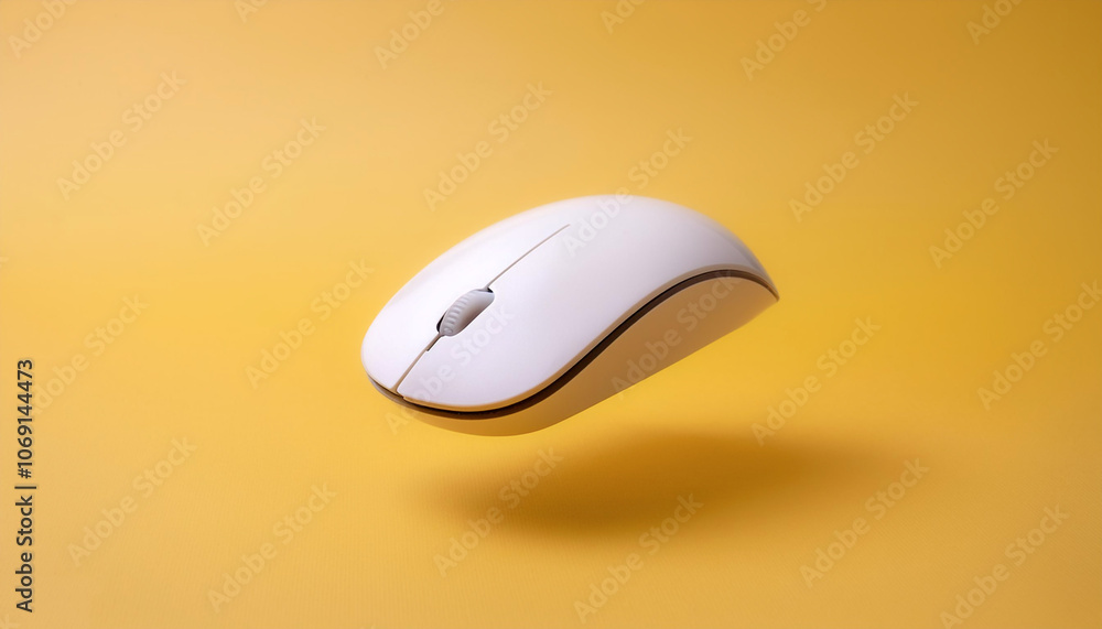 Mouse wireless floating or flying isolated on yellow pastel background Mouse wireless floating or flying isolated on yellow pastel background