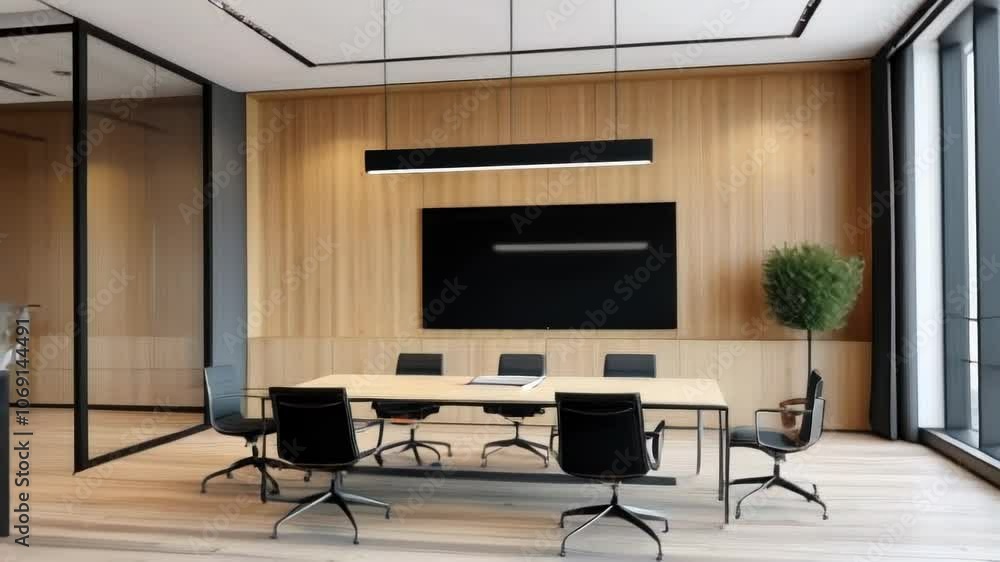 A sleek, modern office meeting room showcasing minimalistic design with wooden features and an emphasis on professionalism. A sleek, modern office meeting room showcasing minimalistic design with wooden features and an emphasis on professionalism.