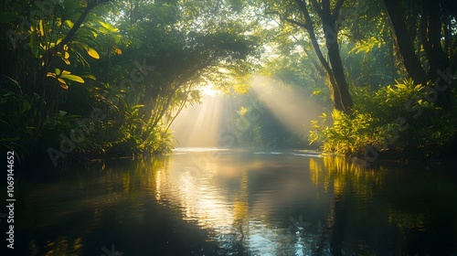 A serene river meanders through a dense forest, with sunlight dappling the water's surface, creating a peaceful and enchanting scene. photo