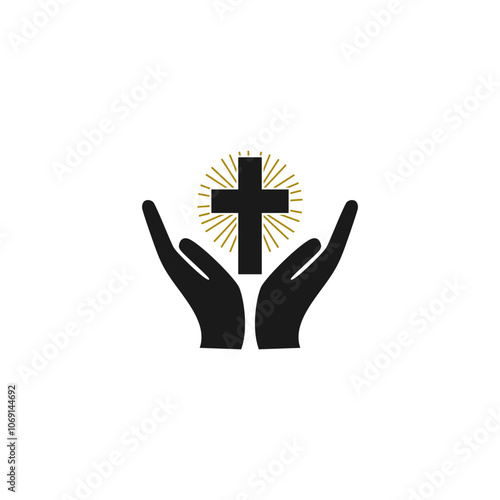  Christian and prayer, hands holding cross  icon isolated on white background.