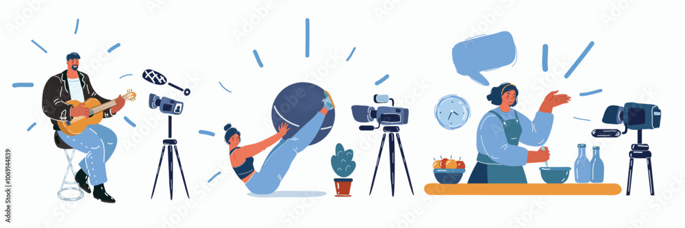 Cartoon vector illustration of Bloggers. People of cooking, musician, sport blogs Cartoon vector illustration of Bloggers. People of cooking, musician, sport blogs