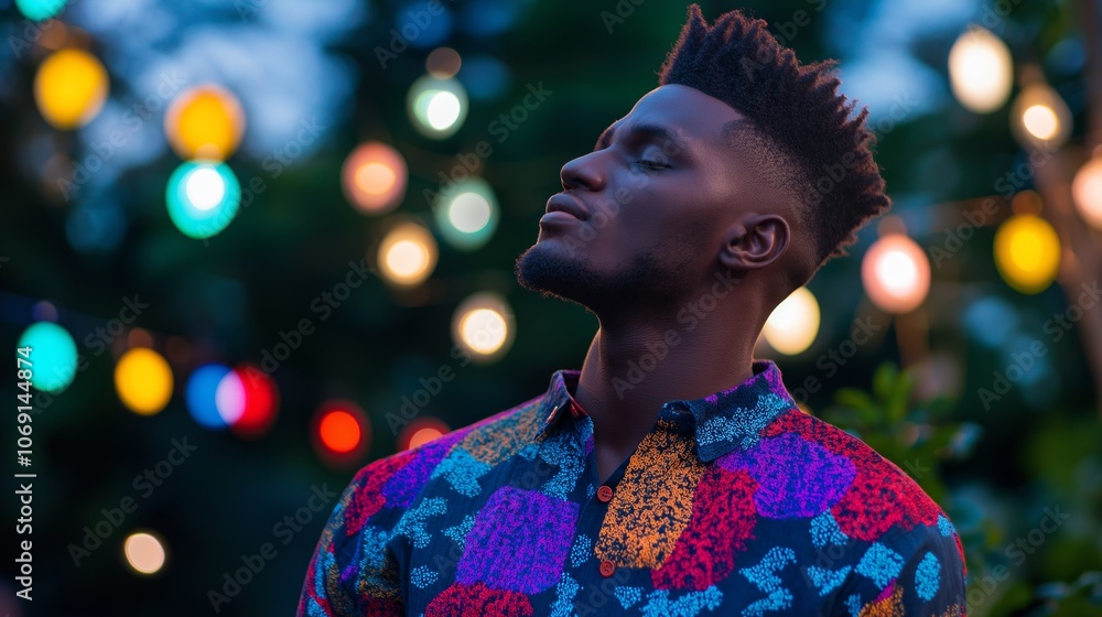 a handsome black man standing at calm peaceful garden at evening time decorated with string lights, a handsome black man standing at calm peaceful garden at evening time decorated with string lights,