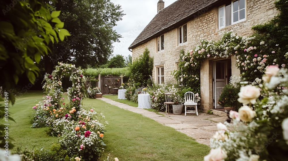 Fototapeta premium A stone house with a pathway leading to the front door. The pathway is lined with flowers and greenery. The house is covered in flowers and greenery, with a wooden door leading to the house.