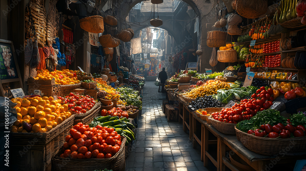 Obraz premium The Essence of Nutrition and Creativity in a Local Marketplace Featuring a Colorful Display of Fresh Produce and Crafts