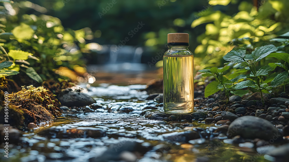 A Nighttime Forest Scene with a Glass Bottle by a Gentle Stream, Capturing the Beauty of Nature and Tranquility A Nighttime Forest Scene with a Glass Bottle by a Gentle Stream, Capturing the Beauty of Nature and Tranquility