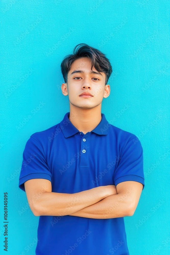 Confident young man in blue shirt standing against vibrant turquoise background Confident young man in blue shirt standing against vibrant turquoise background