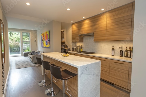 Modern Kitchen Island with Marble Countertop and Bar Stools