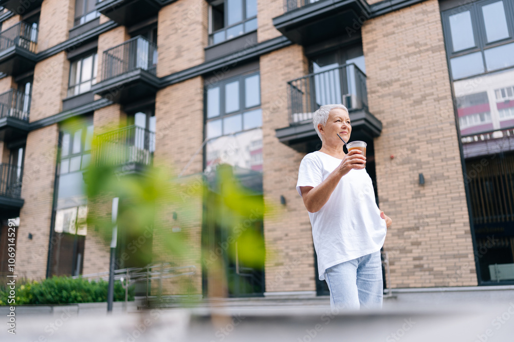 Fototapeta premium Low-angle view of confident European gray-haired older female strolling through urban setting, holding refreshing beverage and enjoying sights and sounds of city on summer day.