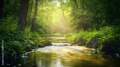 A serene river meanders through a dense forest, with sunlight dappling the water's surface, creating a peaceful and enchanting scene.