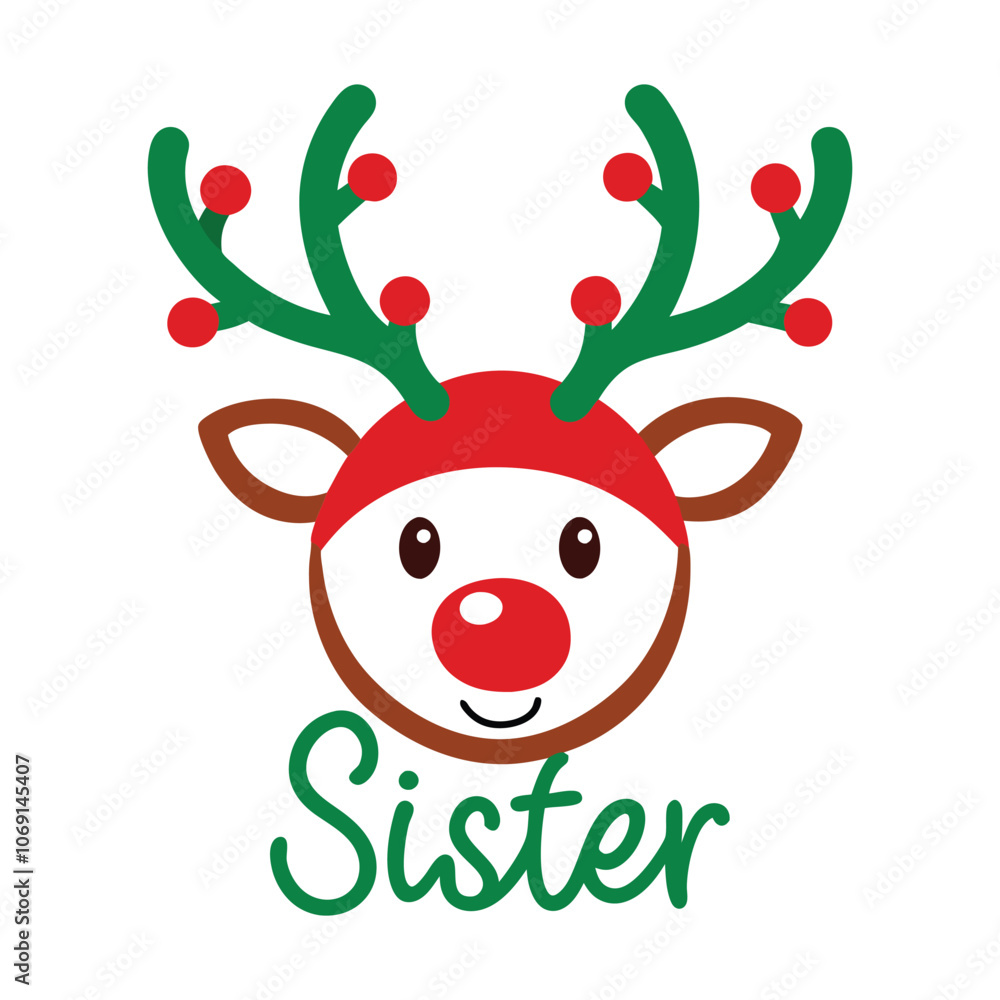 Naklejka premium Cute Reindeer Family with 'Sister' Typography Vector - Adorable Christmas Illustration for Festive Cards and Holiday Decor
